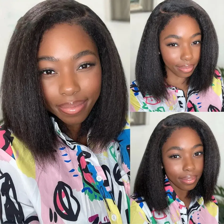 13*4 Short Bob 12Inch Black Soft 180% Density Glueless Yaki Kinky Straight Lace Front Wig For Women With Baby Hair Preplucked