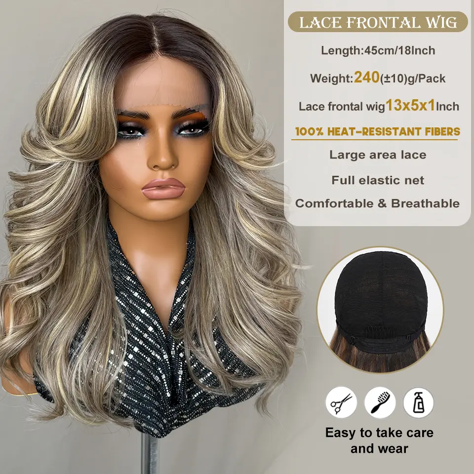 Ombre Brown Blonde Synthetic Body Wave Lace Front Wig 13x5x1 For Black Women 18“ T Part Wavy Layered Cosplay Wig with Baby Hair