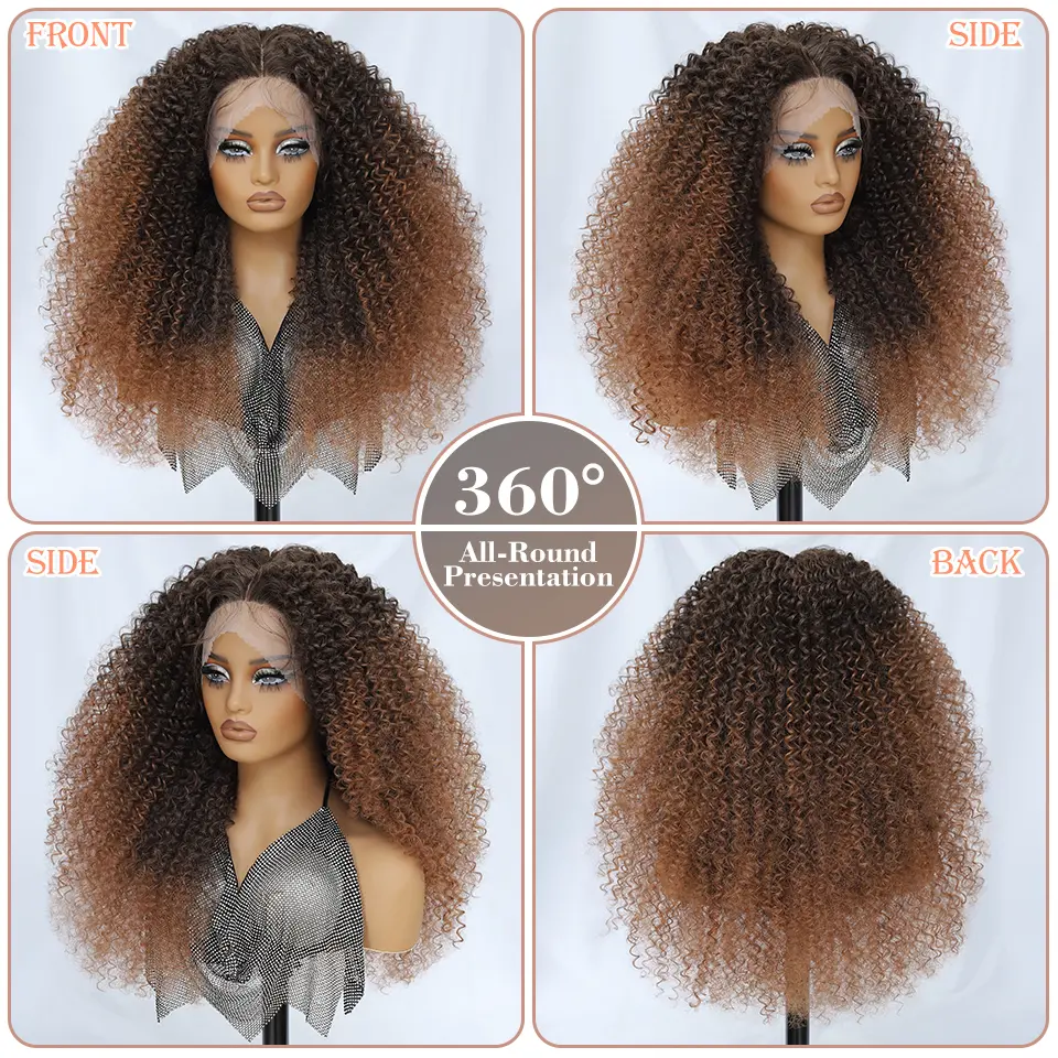 24Inch Kinky Curly Synthetic Lace Wigs Fluffy Ombre Black Blue T Part 13x5x1.5 Lace Front Long Curly Wig for Daily Party Cosplay