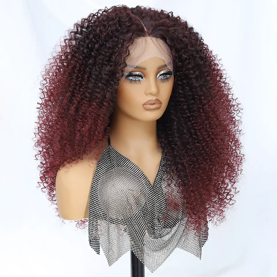 24Inch Kinky Curly Synthetic Lace Wigs Fluffy Ombre Black Blue T Part 13x5x1.5 Lace Front Long Curly Wig for Daily Party Cosplay