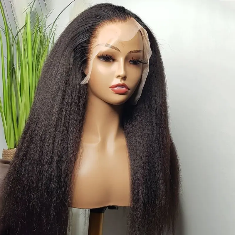 Soft Long Glueless Yaki Natural Black 30Inch 180Density Kinky Straight Lace Front Wig For Women With Baby Hair Preplucked Daily