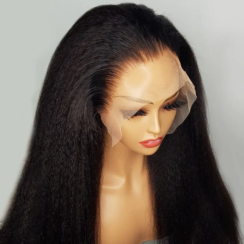 Soft Long Glueless Yaki Natural Black 30Inch 180Density Kinky Straight Lace Front Wig For Women With Baby Hair Preplucked Daily