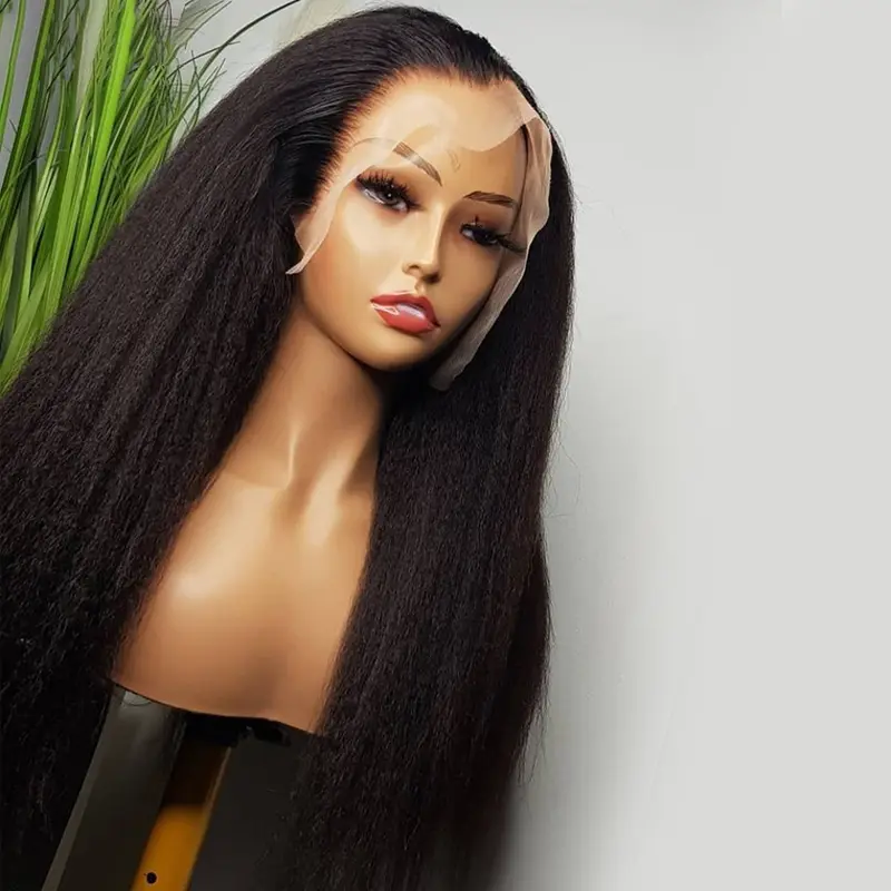 Soft Long Glueless Yaki Natural Black 30Inch 180Density Kinky Straight Lace Front Wig For Women With Baby Hair Preplucked Daily