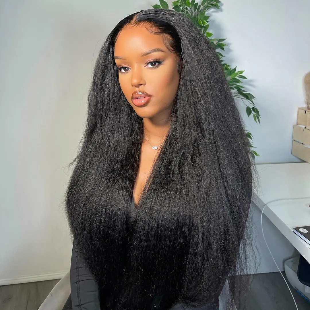 Soft Long Glueless Yaki Natural Black 30Inch 180Density Kinky Straight Lace Front Wig For Women With Baby Hair Preplucked Daily