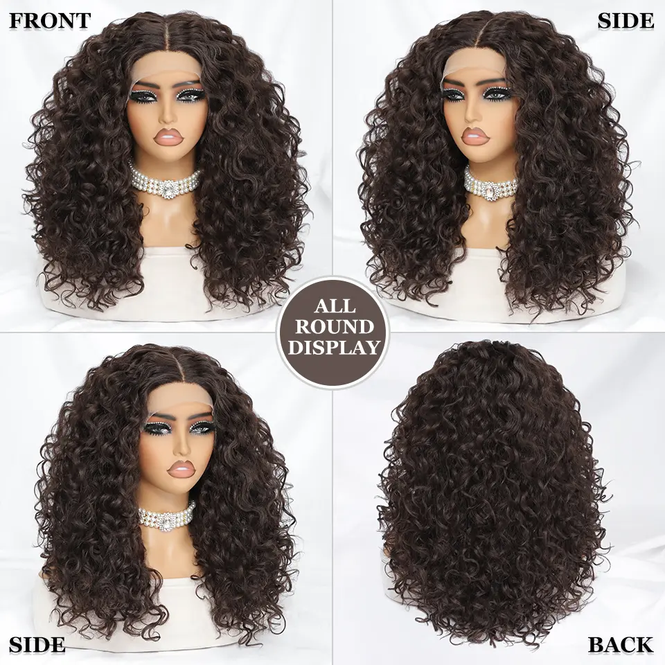 20 Inch Synthetic Lace Front Wigs For African Women Afro Curly Chocolate Color Lace Frontal Wigs With High Temperature Fiber