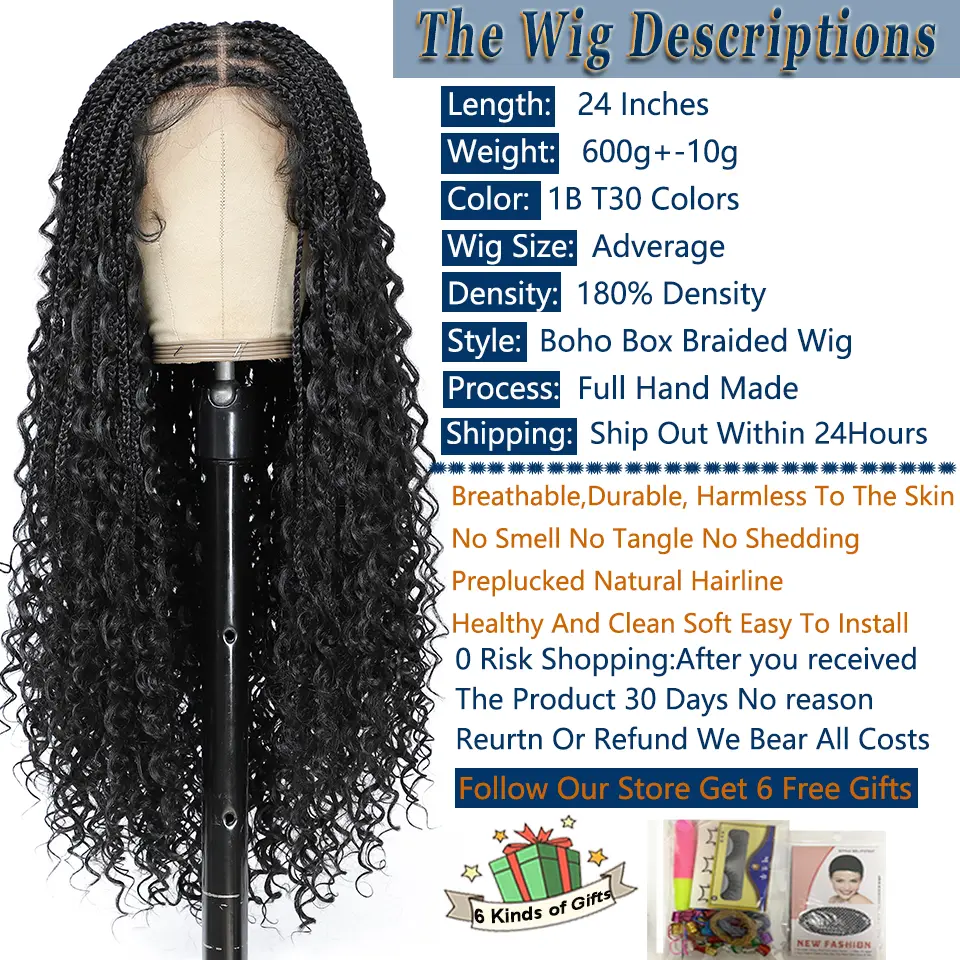 Donghou 24Inch Lace Front Boho Braided Wigs for Women Knotless Braid Wig Natural Hairline Box Braid wigs Premium Lightweight Wig
