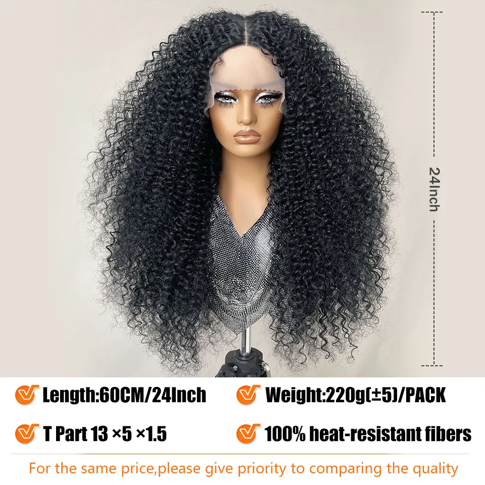 T Part Synthetic Lace Wigs 24 Inch Jerry Curl Wigs For Afro Female 13x5x1.5 Black Pre Plucked Latisha Lace Front Wigs For Woman
