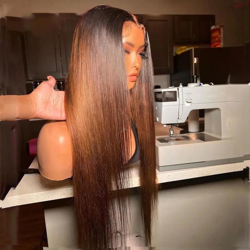 Soft Ombre Brown Preplucked Soft 26“Long Straight 180Density Lace Front Wig Synthetic For Women Heat Resistant Glueless Daily