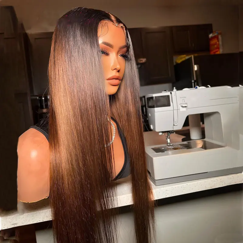 Soft Ombre Brown Preplucked Soft 26“Long Straight 180Density Lace Front Wig Synthetic For Women Heat Resistant Glueless Daily