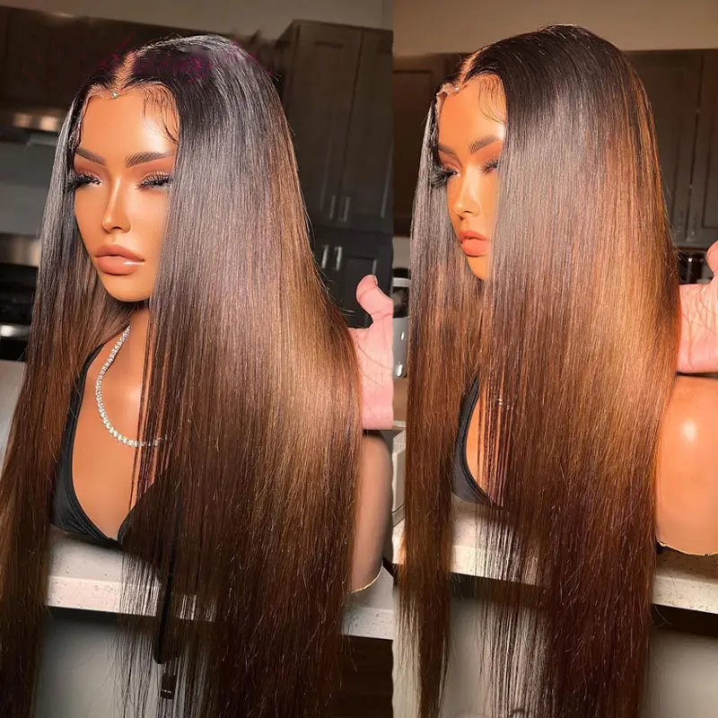 Soft Ombre Brown Preplucked Soft 26“Long Straight 180Density Lace Front Wig Synthetic For Women Heat Resistant Glueless Daily