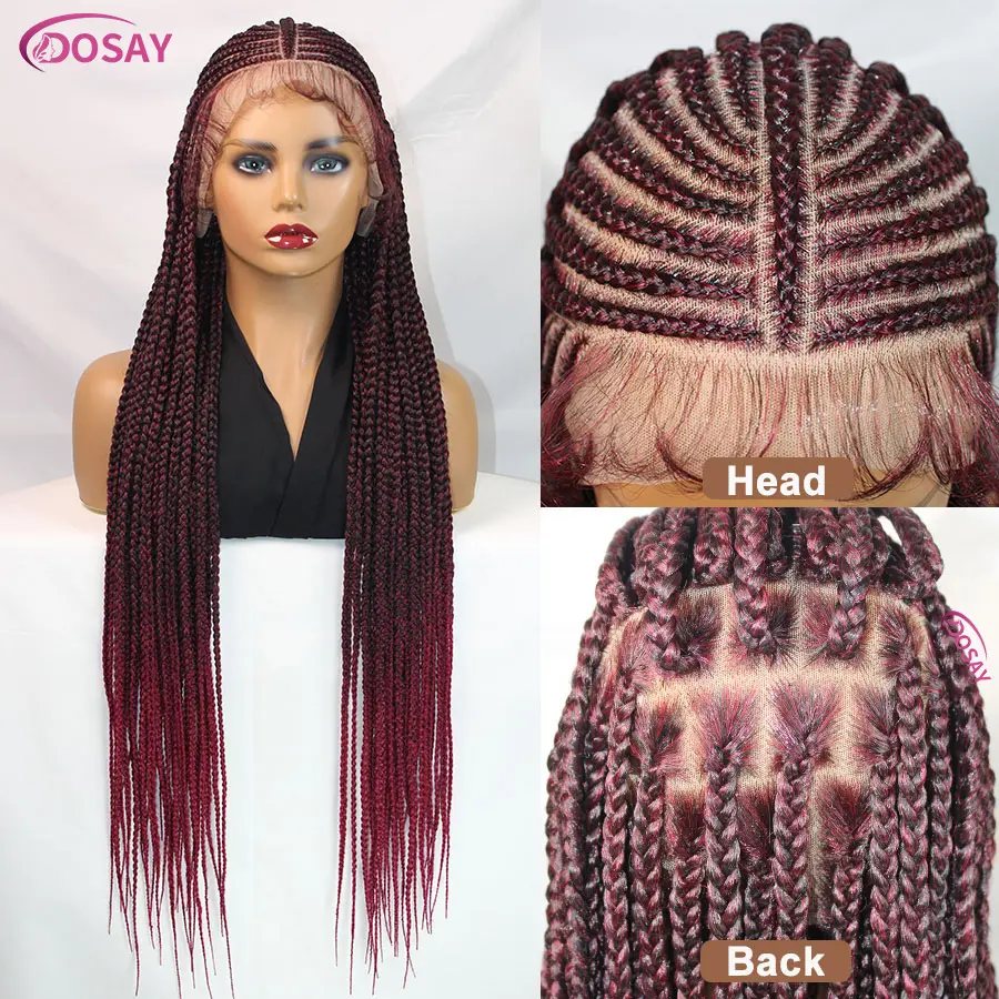 Synthetic Fulani Full Lace Braided Wigs Cornrow Braids Wigs With Baby Hair 32'' Red Burgundly Knotless Box Braid For Black Women