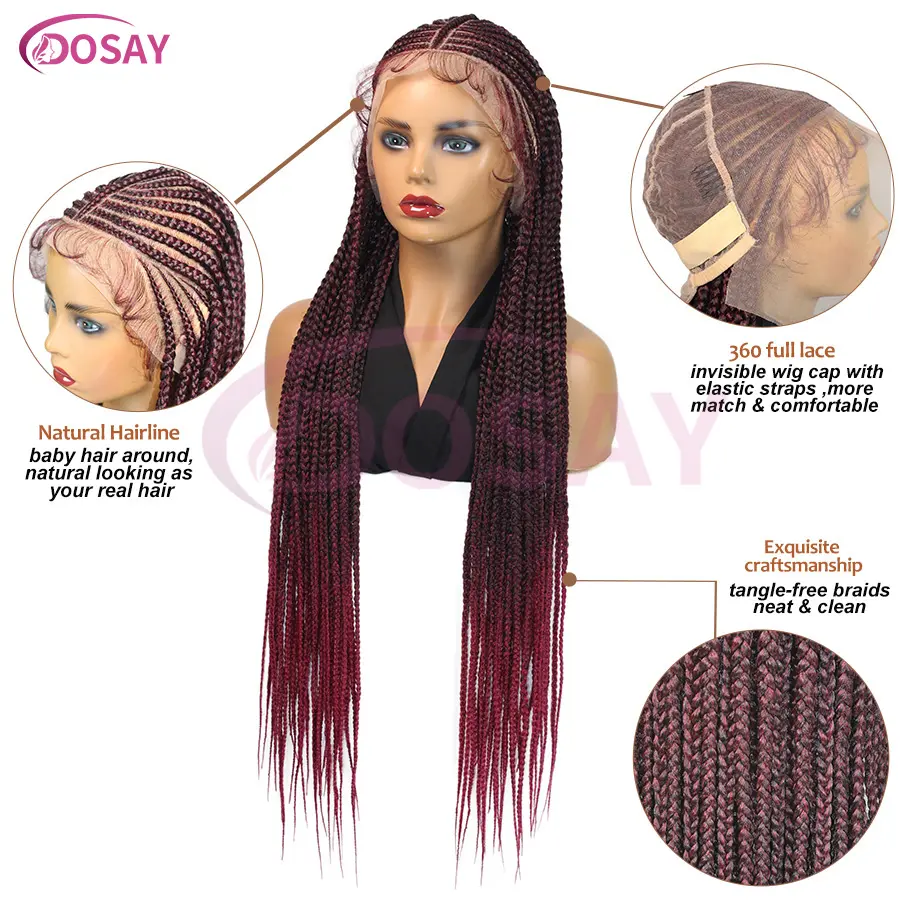Synthetic Fulani Full Lace Braided Wigs Cornrow Braids Wigs With Baby Hair 32'' Red Burgundly Knotless Box Braid For Black Women