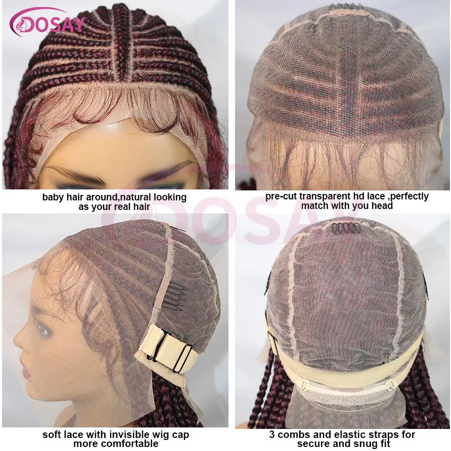 Synthetic Fulani Full Lace Braided Wigs Cornrow Braids Wigs With Baby Hair 32'' Red Burgundly Knotless Box Braid For Black Women
