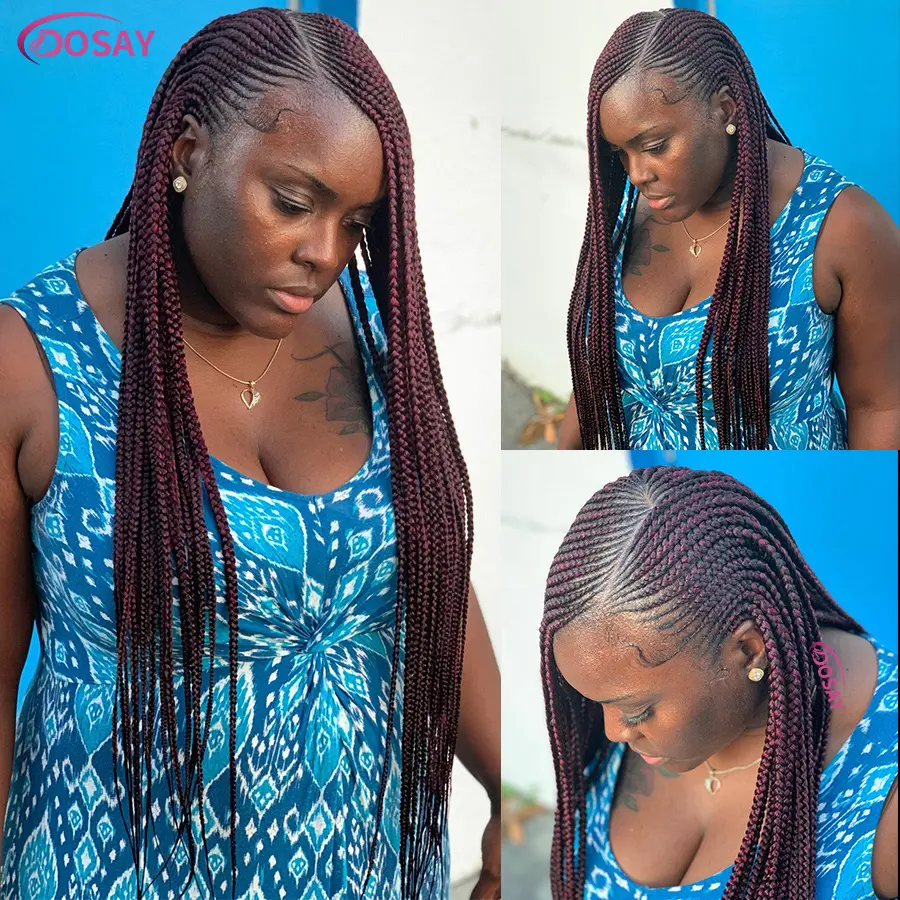 Synthetic Burgundy Braided Wigs Full Lace Front Wig Cornrow Braids With Baby Hair Side Part Knotless Box Braided Wigs For Women