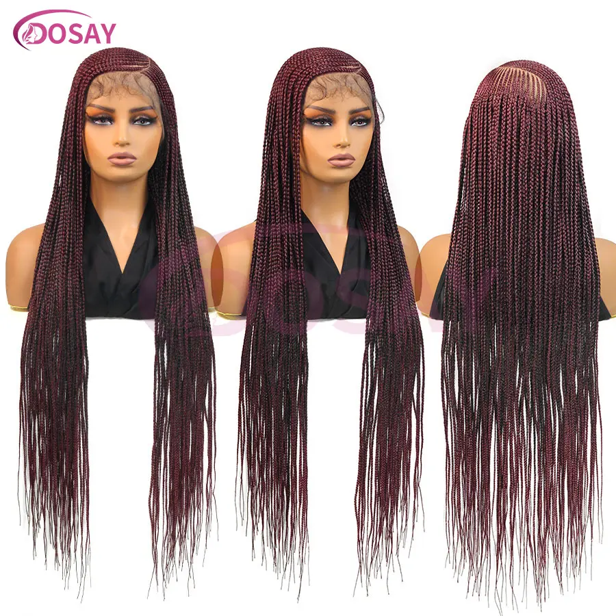 Synthetic Burgundy Braided Wigs Full Lace Front Wig Cornrow Braids With Baby Hair Side Part Knotless Box Braided Wigs For Women