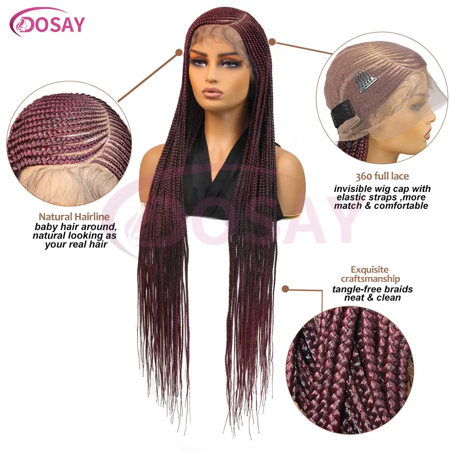 Synthetic Burgundy Braided Wigs Full Lace Front Wig Cornrow Braids With Baby Hair Side Part Knotless Box Braided Wigs For Women