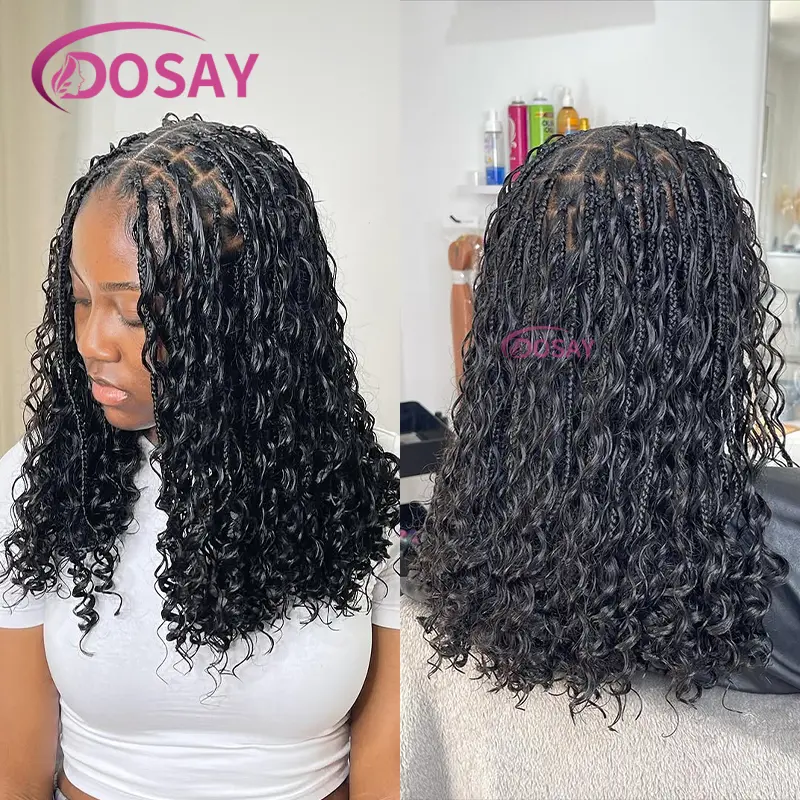 12" Short Boho Knotless Box Braided Wigs For Black Women Full Lace Front Wig With Baby Hair Braided African Wig Synthetic Wigs
