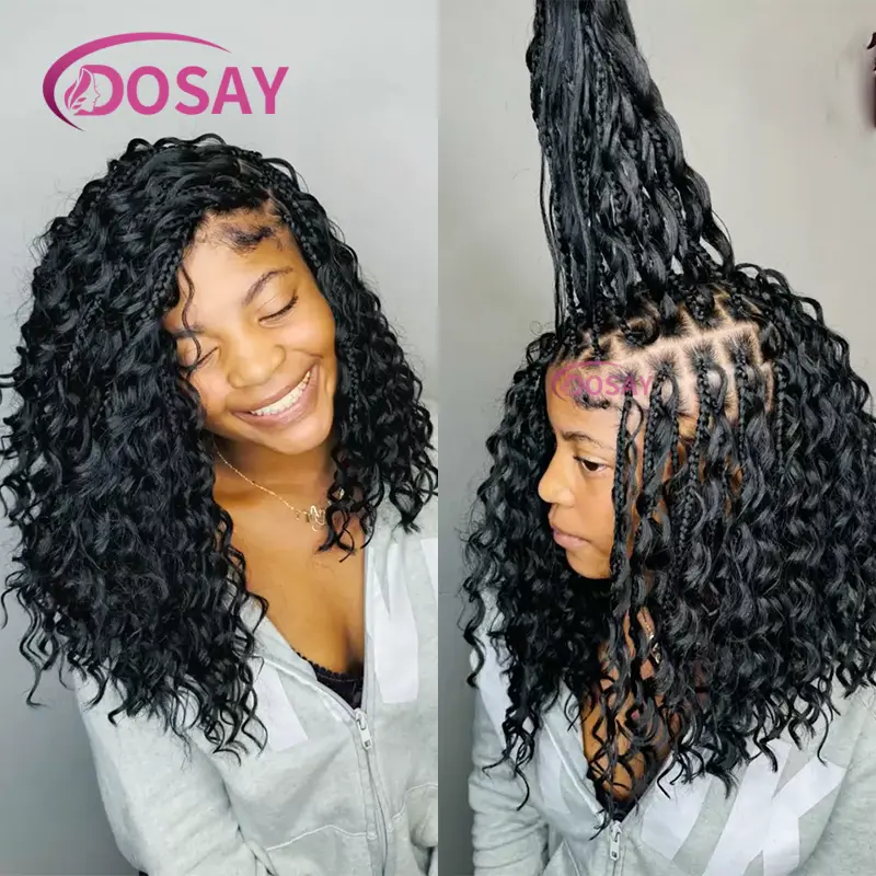 12" Short Boho Knotless Box Braided Wigs For Black Women Full Lace Front Wig With Baby Hair Braided African Wig Synthetic Wigs