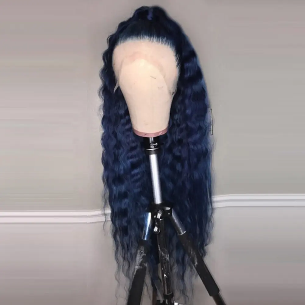 Charisma 26 Inches Long Water Wave Synthetic Lace Front Wig For Black Women Dark Blue Colored Frontal Wigs Natural Hairline Wig