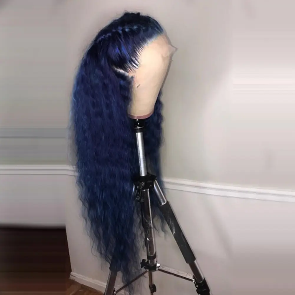 Charisma 26 Inches Long Water Wave Synthetic Lace Front Wig For Black Women Dark Blue Colored Frontal Wigs Natural Hairline Wig