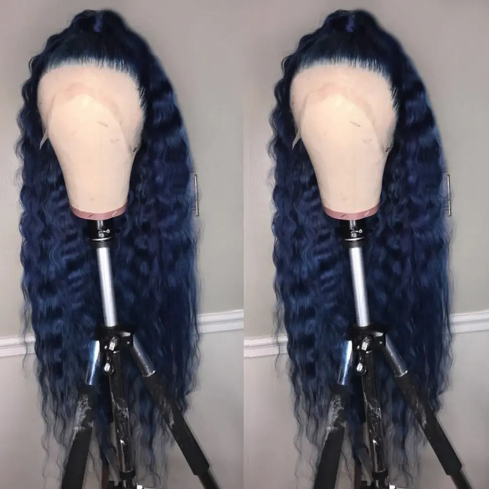 Charisma 26 Inches Long Water Wave Synthetic Lace Front Wig For Black Women Dark Blue Colored Frontal Wigs Natural Hairline Wig