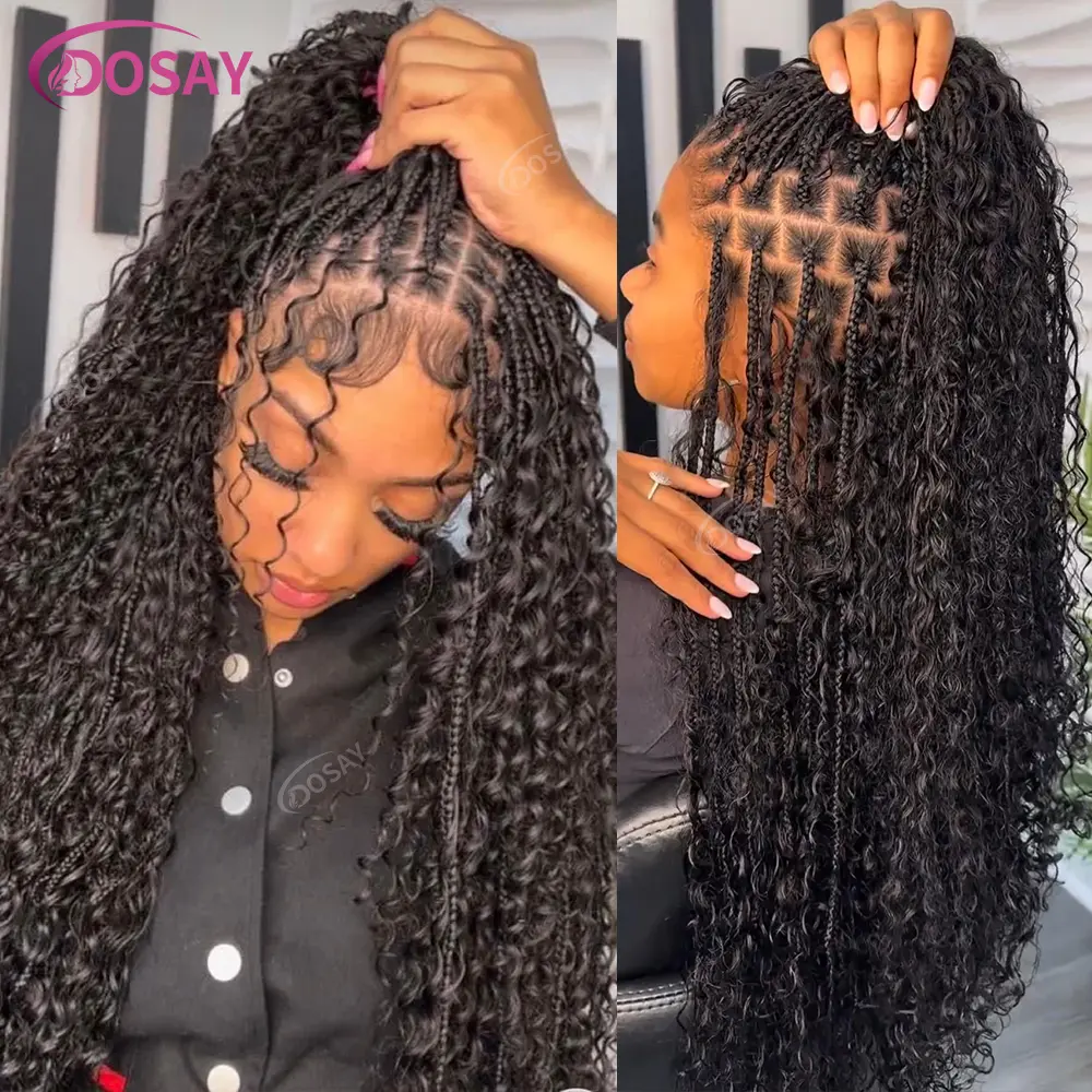 32" Boho Braided Wigs With Curly Hair Synthetic Full Lace Front Box Braids Wig Goddess Cornrow Braided Wigs for Black Women