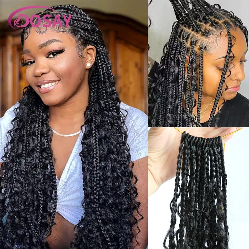 32" Boho Braided Wigs With Curly Hair Synthetic Full Lace Front Box Braids Wig Goddess Cornrow Braided Wigs for Black Women