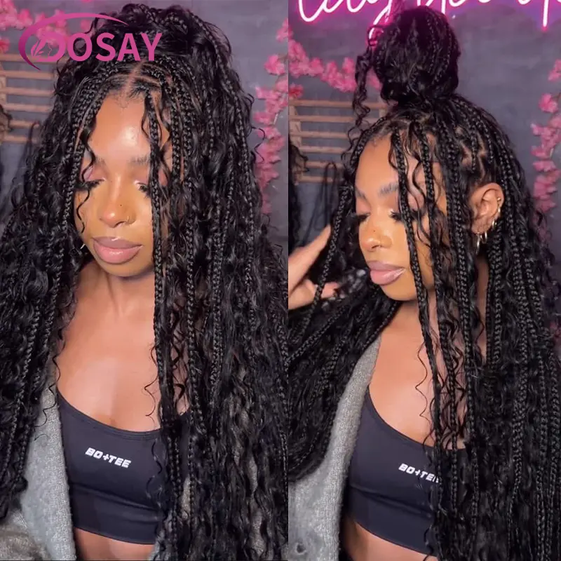 32" Boho Braided Wigs With Curly Hair Synthetic Full Lace Front Box Braids Wig Goddess Cornrow Braided Wigs for Black Women