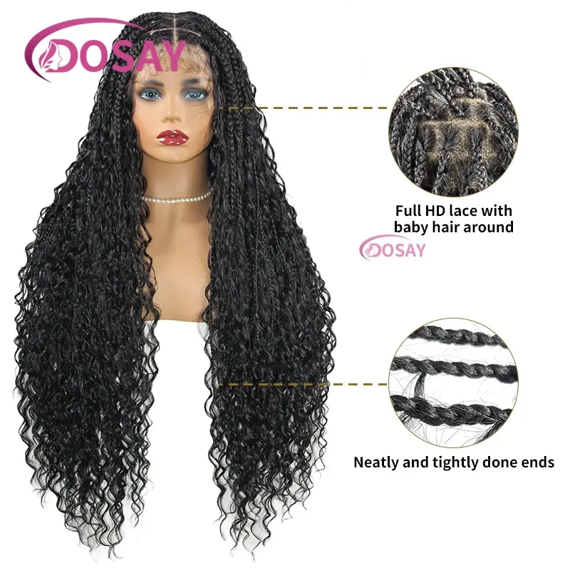 32" Boho Braided Wigs With Curly Hair Synthetic Full Lace Front Box Braids Wig Goddess Cornrow Braided Wigs for Black Women