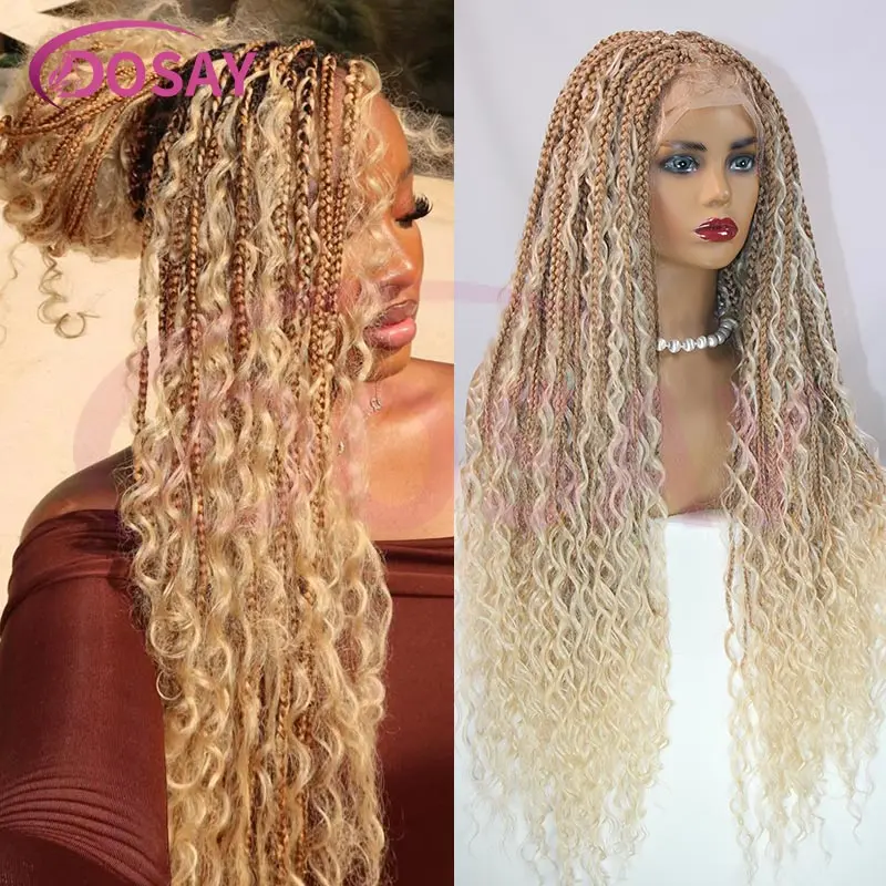 32 inch Synthetic Cornrow Box Braided Wigs With Curly Hair Bohemian Blonde Full Lace Knotless Box Braids Wigs For Black Women
