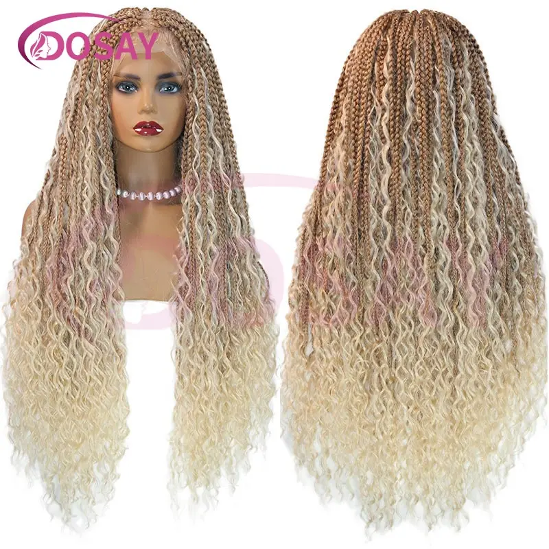 32 inch Synthetic Cornrow Box Braided Wigs With Curly Hair Bohemian Blonde Full Lace Knotless Box Braids Wigs For Black Women