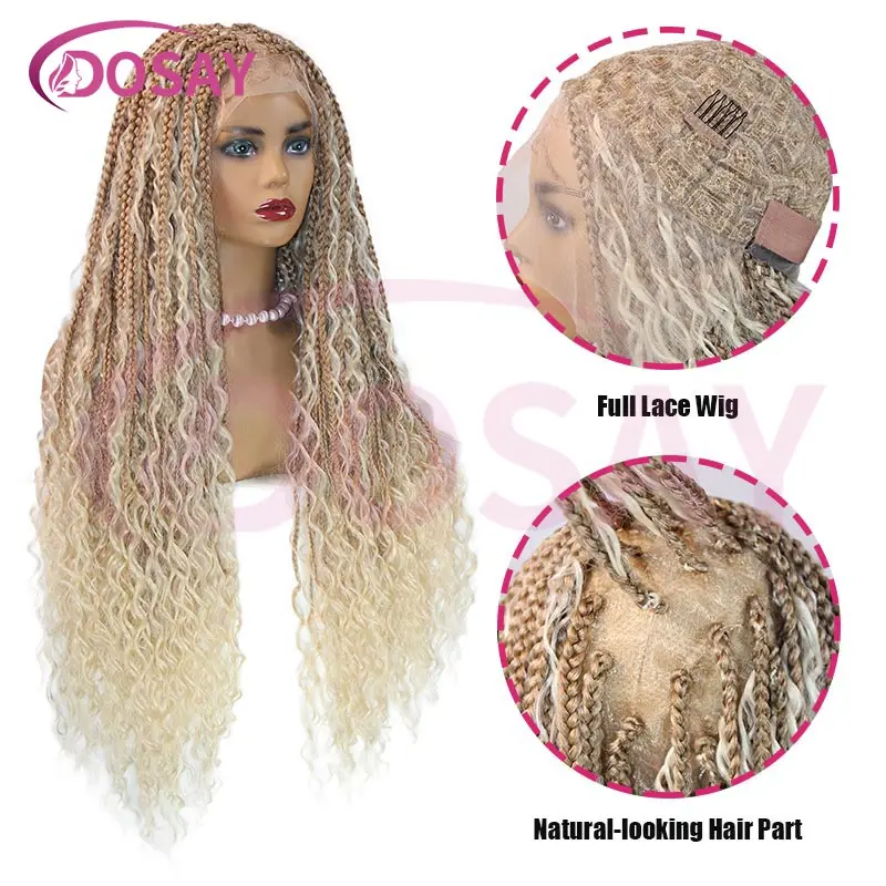 32 inch Synthetic Cornrow Box Braided Wigs With Curly Hair Bohemian Blonde Full Lace Knotless Box Braids Wigs For Black Women