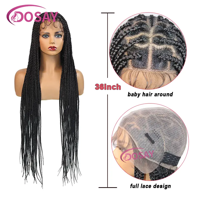 36" Synthetic Full Lace Wigs For Black Women Knotless Box Braided Wigs Double Lace Front Wig Heart and Round Braids Wig