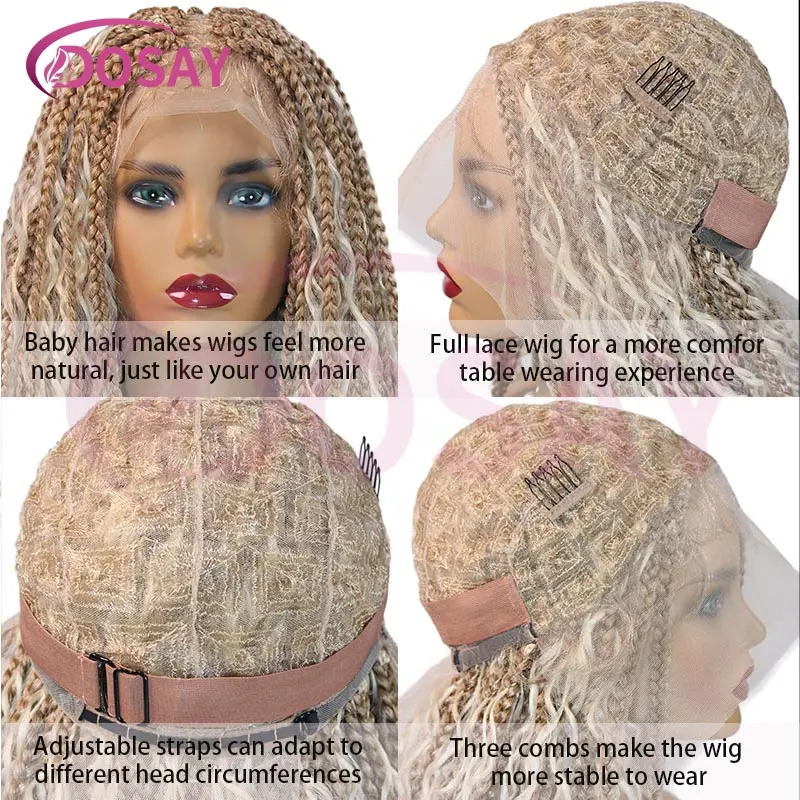 32 inch Synthetic Cornrow Box Braided Wigs With Curly Hair Bohemian Blonde Full Lace Knotless Box Braids Wigs For Black Women
