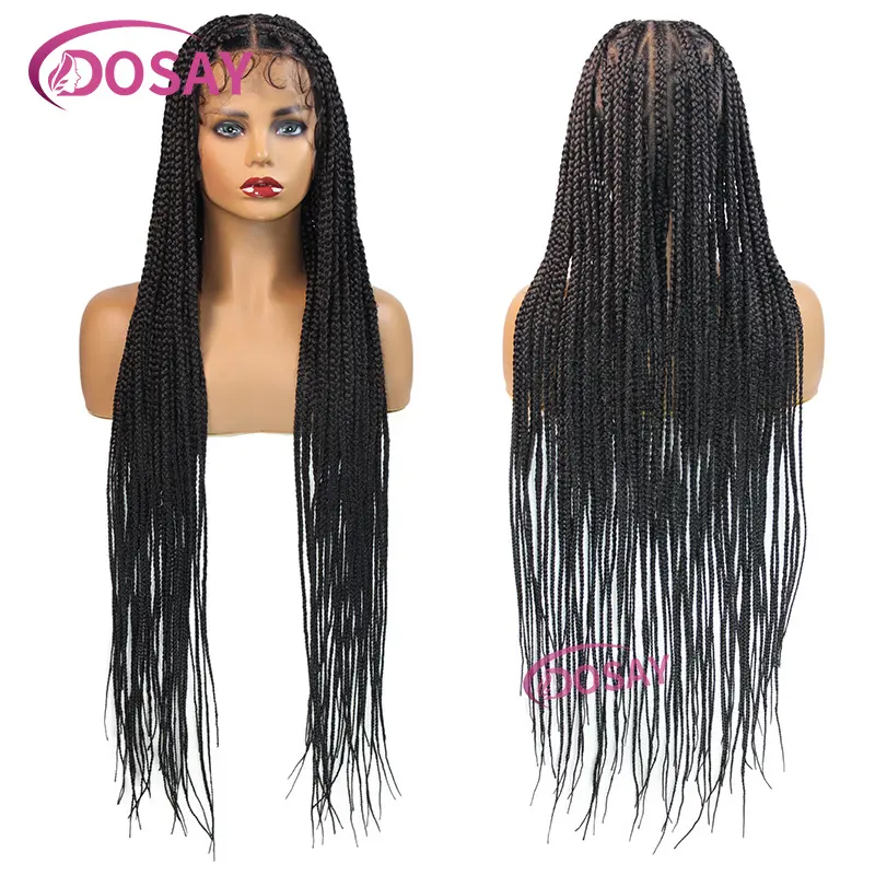 36" Synthetic Full Lace Wigs For Black Women Knotless Box Braided Wigs Double Lace Front Wig Heart and Round Braids Wig