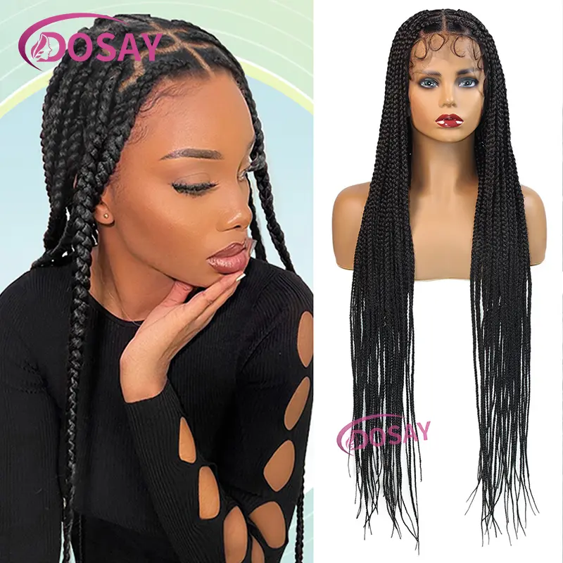 36" Synthetic Full Lace Wigs For Black Women Knotless Box Braided Wigs Double Lace Front Wig Heart and Round Braids Wig