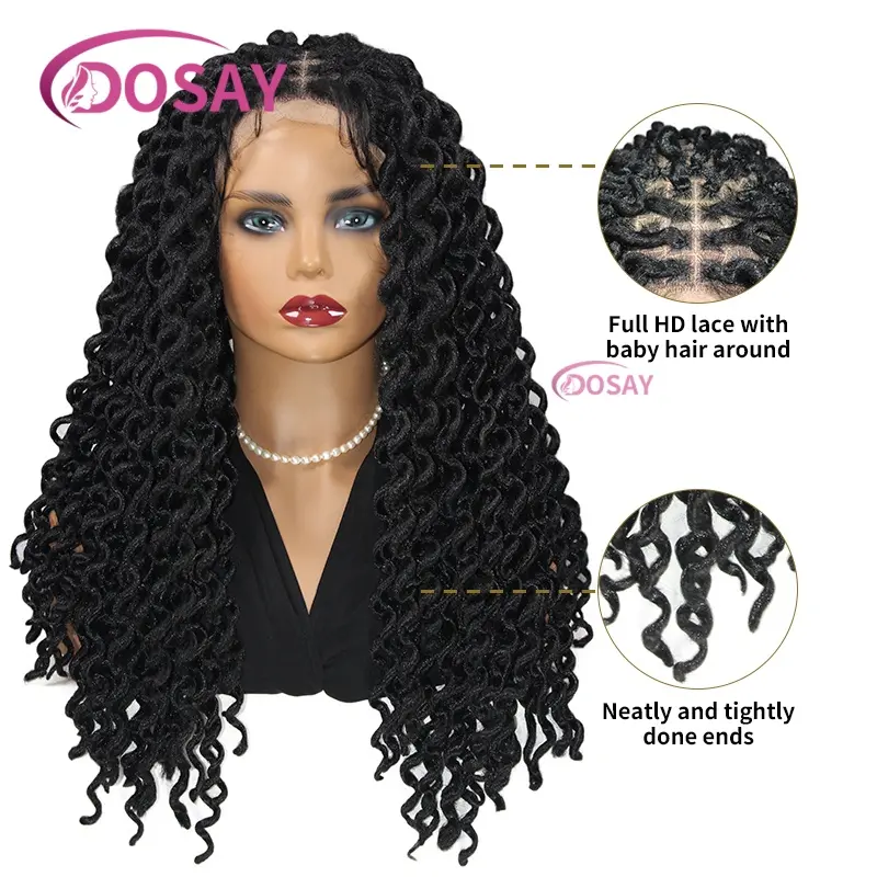22"Synthetic Faux Locs Braided Wig Curly Twist Braiding Hair for Black Women Full Lace Wig Knotless Synthetic Braided Wigs
