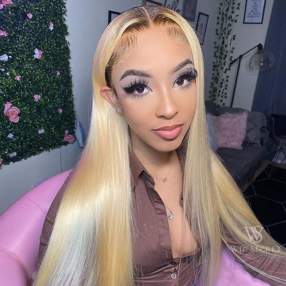 Soft 180%Density 26” Long Ombre Blonde 613 Silky Straight Preplucked Natural Hairline Glueless Lace Front Wig For Women Babyhair