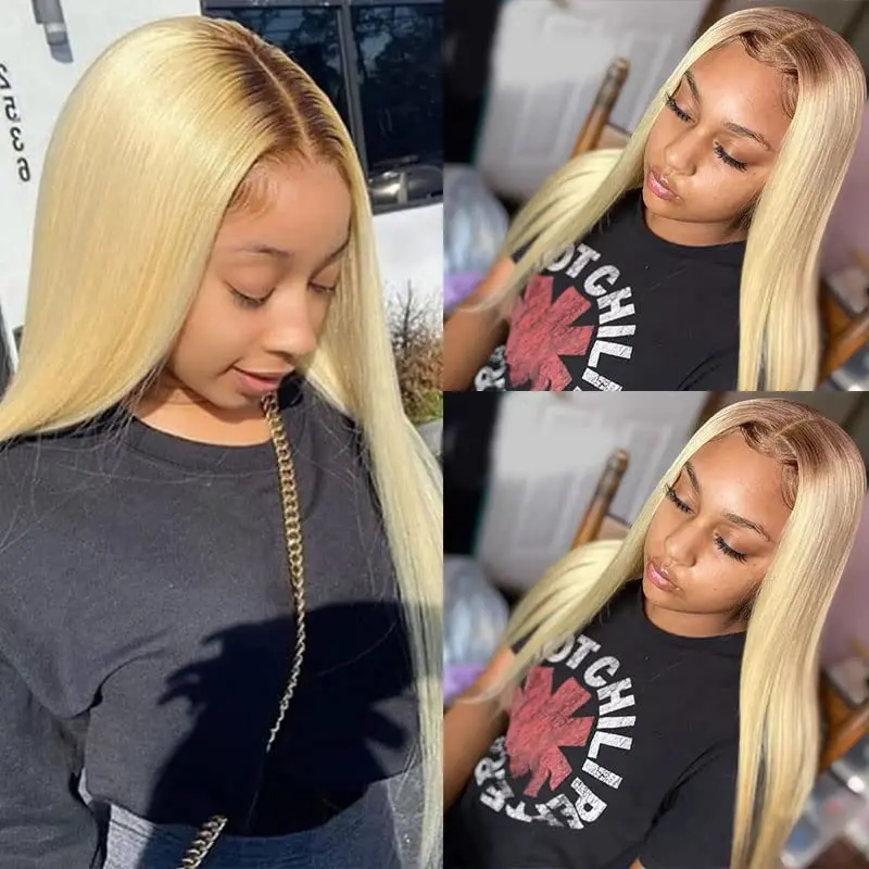 Soft 180%Density 26” Long Ombre Blonde 613 Silky Straight Preplucked Natural Hairline Glueless Lace Front Wig For Women Babyhair
