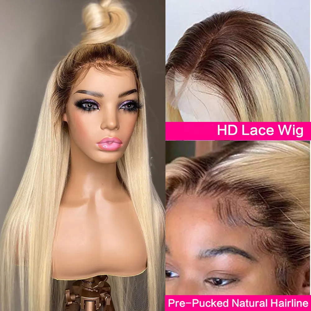 Soft 180%Density 26” Long Ombre Blonde 613 Silky Straight Preplucked Natural Hairline Glueless Lace Front Wig For Women Babyhair