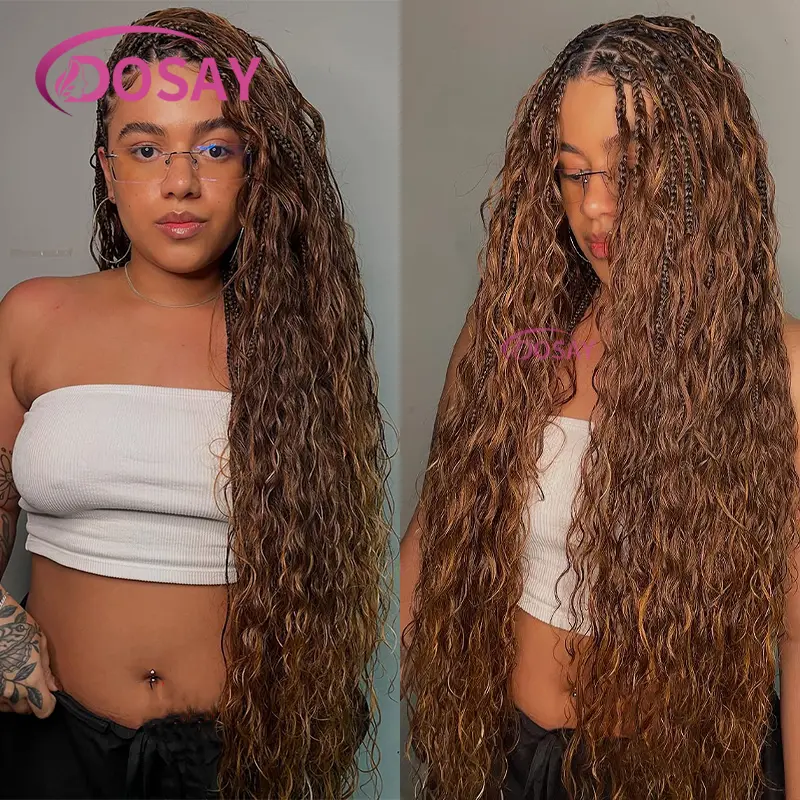 Blonde Boho Braided Wigs Synthetic Full Lace Front Wigs With Curly Hair Goddess Cornrows Braids Lace Wigs Knotless Box Braid Wig
