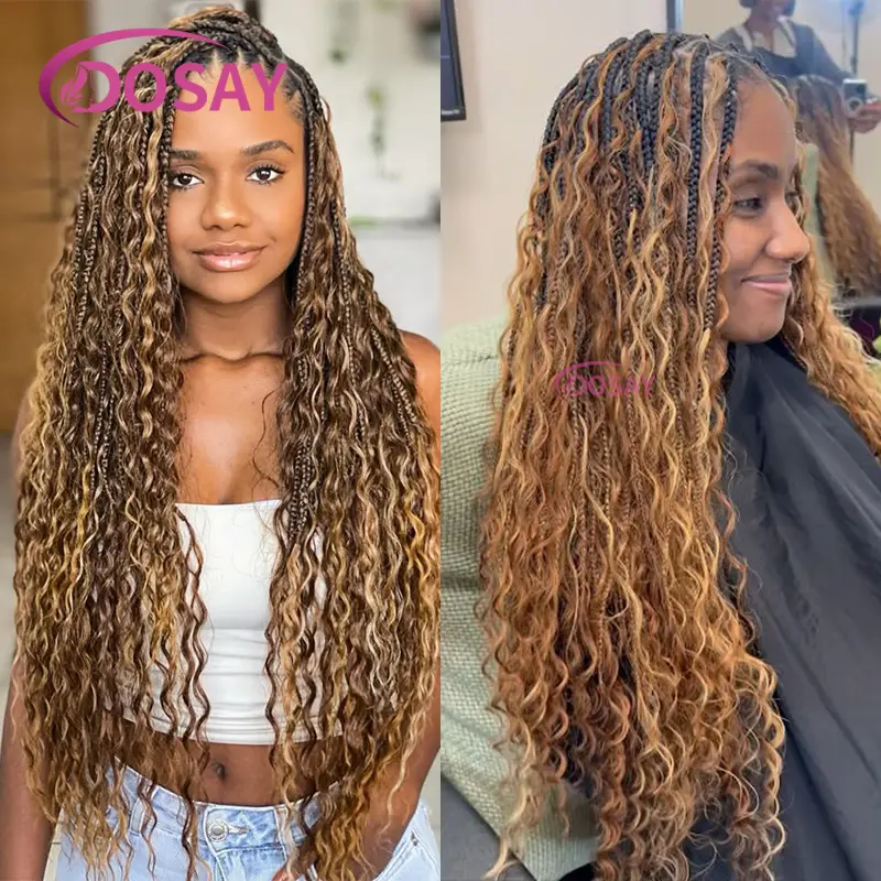 Blonde Boho Braided Wigs Synthetic Full Lace Front Wigs With Curly Hair Goddess Cornrows Braids Lace Wigs Knotless Box Braid Wig