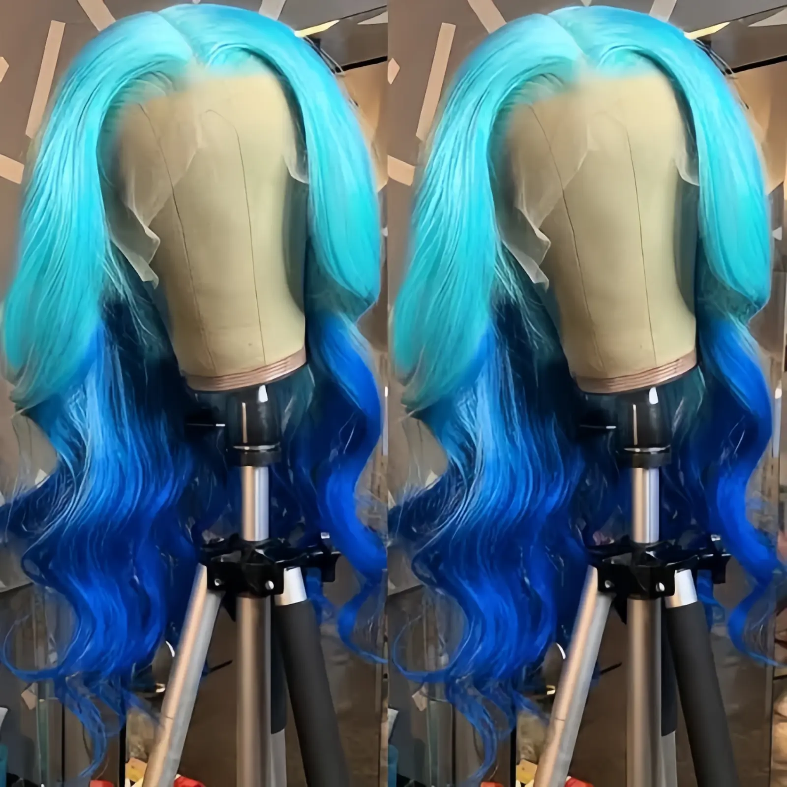 Long Body Wave Ombre Blue Wig Synthetic Pre Plucked Hairline Light Blue Curly Wavy Highlight Gradient Colored Wigs for Women