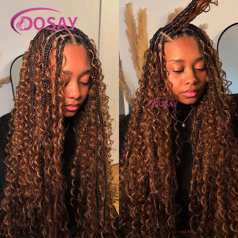 Blonde Boho Braided Wigs Synthetic Full Lace Front Wigs With Curly Hair Goddess Cornrows Braids Lace Wigs Knotless Box Braid Wig