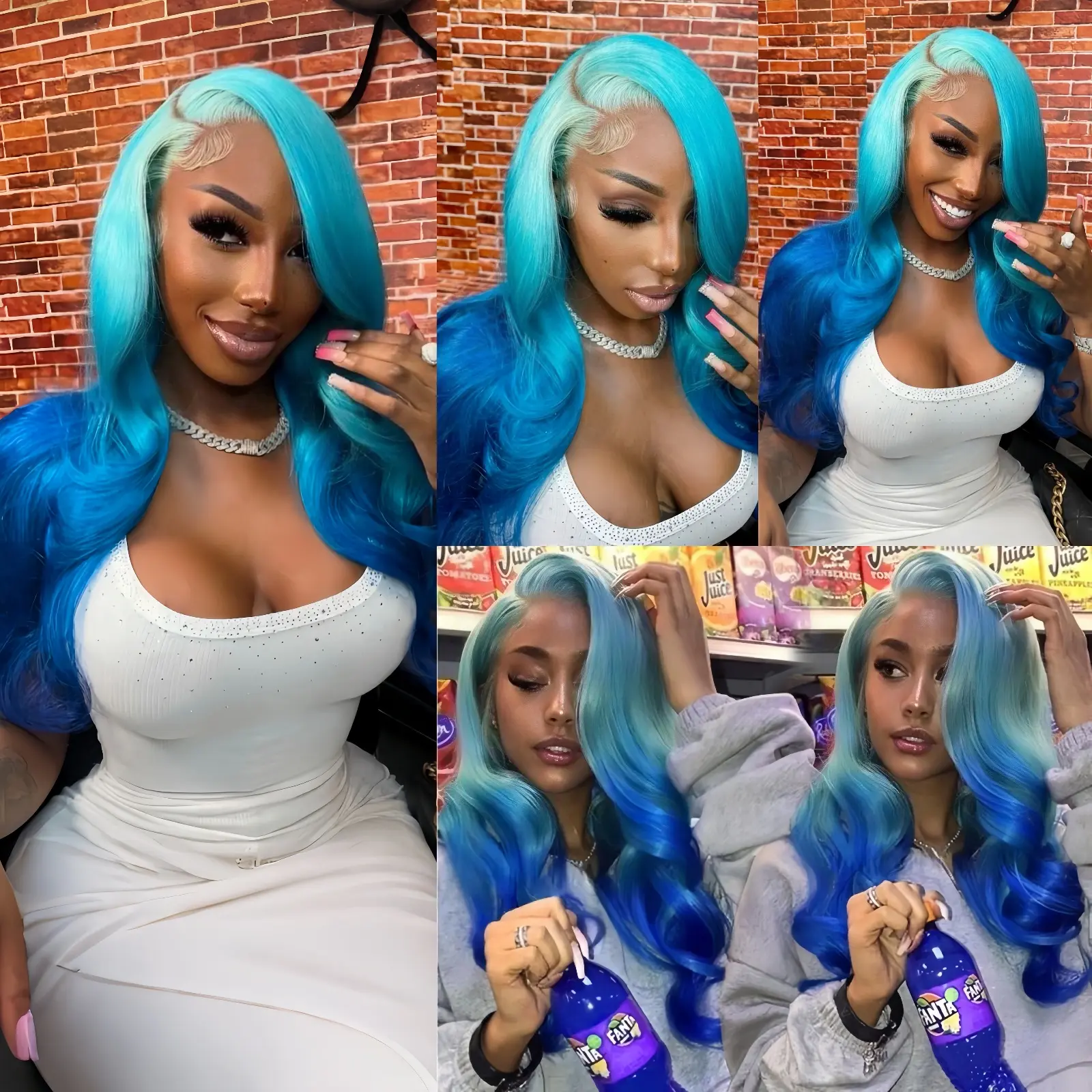 Long Body Wave Ombre Blue Wig Synthetic Pre Plucked Hairline Light Blue Curly Wavy Highlight Gradient Colored Wigs for Women