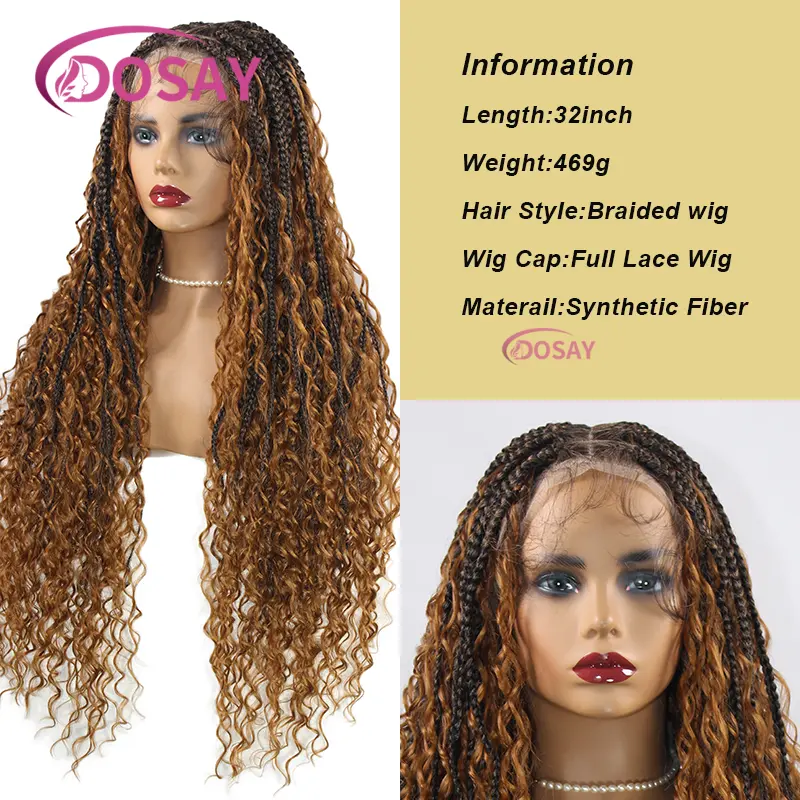Blonde Boho Braided Wigs Synthetic Full Lace Front Wigs With Curly Hair Goddess Cornrows Braids Lace Wigs Knotless Box Braid Wig