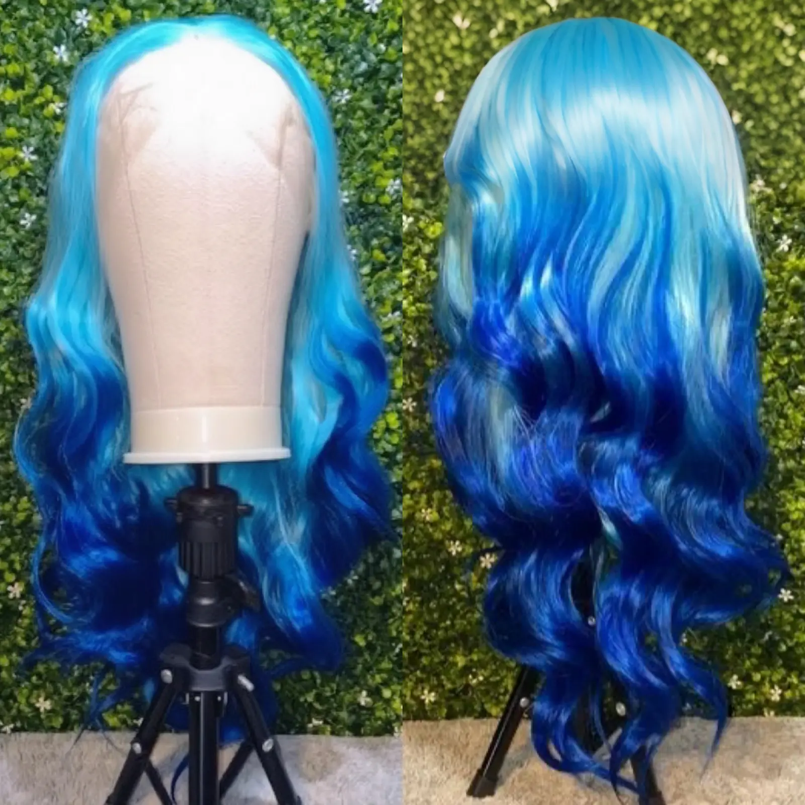 Long Body Wave Ombre Blue Wig Synthetic Pre Plucked Hairline Light Blue Curly Wavy Highlight Gradient Colored Wigs for Women
