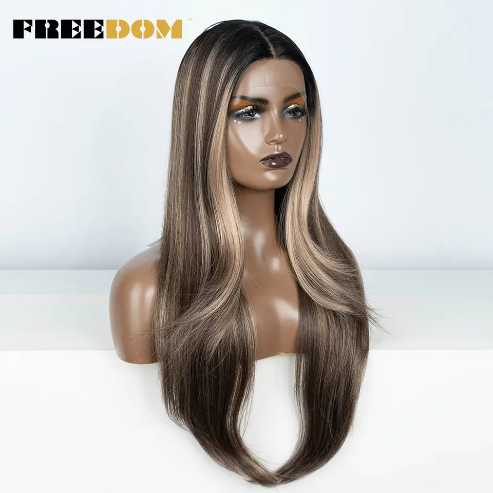 FREEDOM 28 Inch Straight Synthetic Lace Front Wigs For Women Ombre Brown Blonde Highlight Layer Cosplay Lace Wigs Heat Resistant