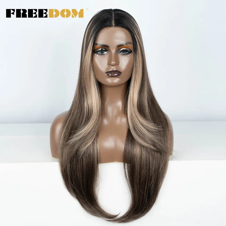 FREEDOM 28 Inch Straight Synthetic Lace Front Wigs For Women Ombre Brown Blonde Highlight Layer Cosplay Lace Wigs Heat Resistant