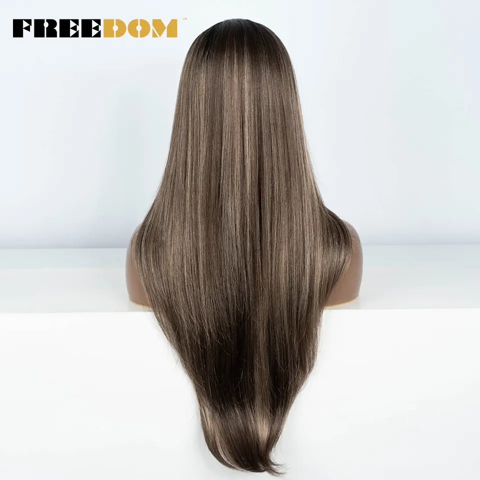 FREEDOM 28 Inch Straight Synthetic Lace Front Wigs For Women Ombre Brown Blonde Highlight Layer Cosplay Lace Wigs Heat Resistant